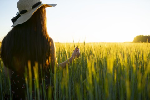 Rear view of woman in straw hat standing in field at sunset