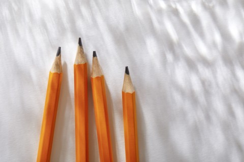 Overhead view of pencils on white background, New York, NY, USA