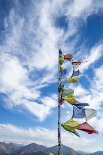 Prayer flags fluttering in wind atop Carbonate Mountain, Hailey, Idaho, USA