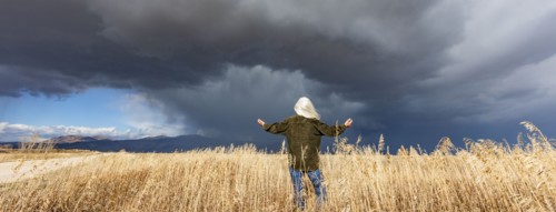 Rear view of woman standing in fall grasses under stormy sky, Fairfield, Idaho, USA