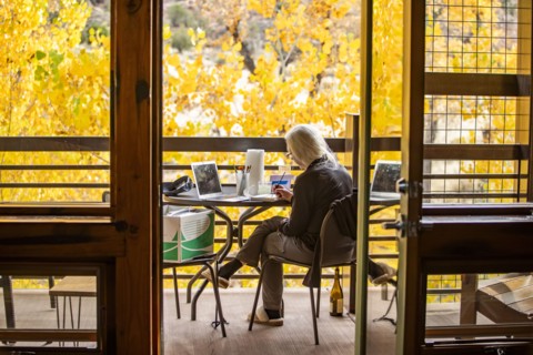 Woman painting with watercolors on porch in autumn, , Utah, USA