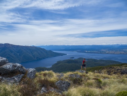 Hiker looking at fjord and mountains in Fiordland National Park, Te Anau, Fiordland, New Zealand