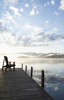 Boat dock at sunrise, Lake Placid, New York, USA, Lake Placid, New York, USA