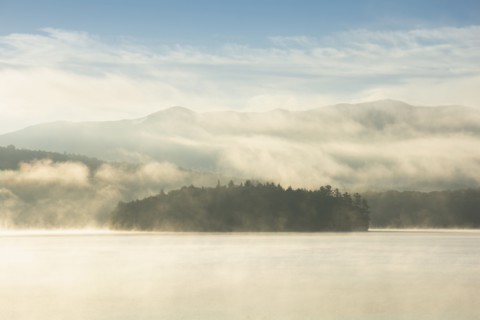 USA, NY, Island on Lake Placid in morning mist, Lake Placid, New York, USA