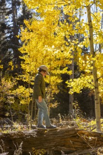 USA, New Mexico, Boy walking on log in Santa Fe National Forest, Santa Fe, New Mexico, USA