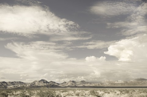 USA, California, Amboy, Clouds above barren hills in Mojave Desert, Amboy, California, USA