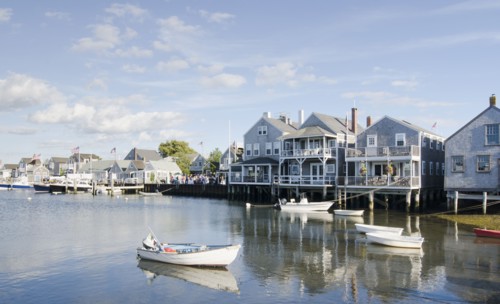 USA, Massachusetts, Nantucket, Boats and waterfront buildings in Old North Wharf, Nantucket,
