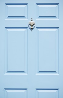 USA, New Jersey, Mendham, Blue front door with brass door knocker, Mendham, New Jersey, USA