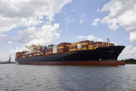 Cargo ship with containers at dock, Savannah, Georgia, USA