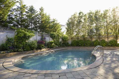 USA, New York, Long Beach, Swimming pool and trees in backyard, New York City, New York, USA