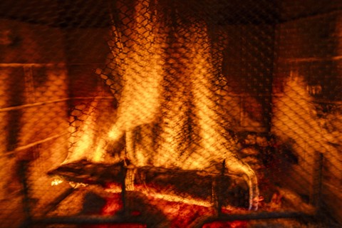 Close-up of fire burning in fireplace, blurred motion, Bellevue, Idaho, USA