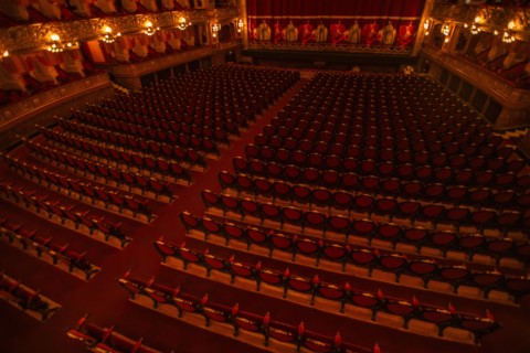 High angle view of concert hall seats in Teatro Colon, Buenos Aires, , Argentina