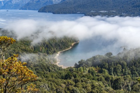 Low hanging clouds over mountain lake, Bariloche, , Argentina