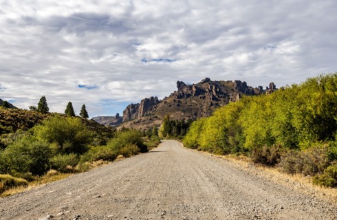 Empty gravel road leading to Estancia Arroyo Verde, Estancia Arroyo Verde, Nequen Province,