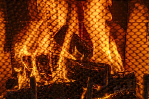 Close-up of robust fire in residential fireplace, Bellevue, Idaho, USA
