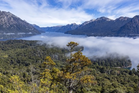 Low clouds covering mountain lakes , Bariloche, , Argentina