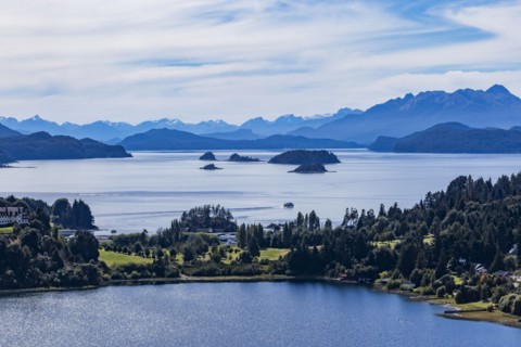 High angle view of mountain lakes and forests on summer day, Bariloche, , Argentina