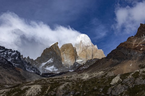 Argentina, Santa Cruz, El Chalten, North side of Fitz Roy massif in clouds, El Chalten, Santa Cruz,