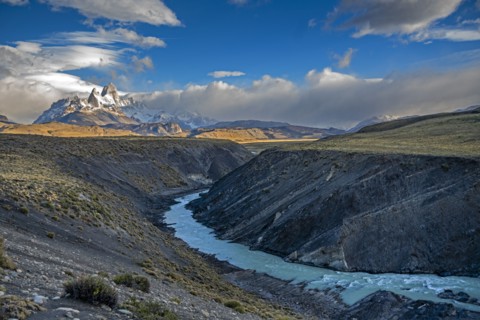 Argentina, Santa Cruz, El Chalten, Mount Fitz Roy massif and Las Vueltas River in morning light, El