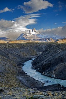 Argentina, Santa Cruz, El Chalten, Mount Fitz Roy massif and Las Vueltas River in morning light, El