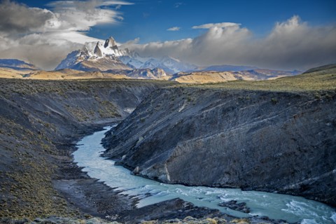 Argentina, Santa Cruz, El Chalten, Mount Fitz Roy massif and Las Vueltas River in morning light, El