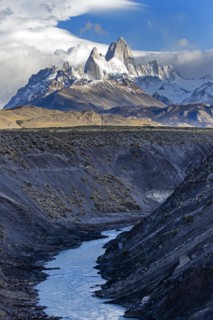 Argentina, Santa Cruz, El Chalten, Mount Fitz Roy massif and Las Vueltas River in morning light, El