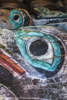 Close-up of weathered totem poles
Sitka, Alaska, USA