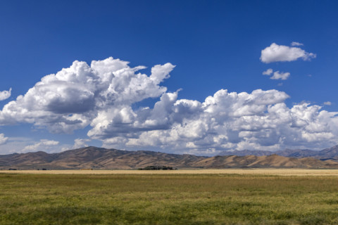 USA, Idaho, Fairfield, White puffy clouds above hills and grassy field