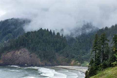 USA, Oregon, Cannon Beach, Clouds and fog over Indian Beach and headland