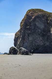 USA, Oregon, Brookings, Rear view of woman walking by huge rocks on Oregon beach