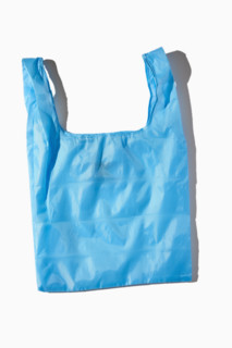 Blue reusable totebag on white background