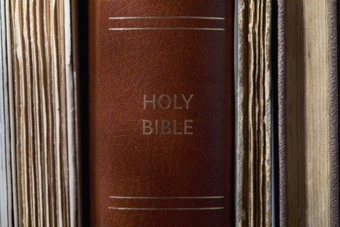 Close-up of Bible on bookshelf