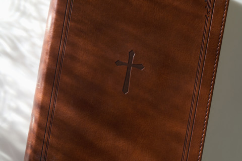 Closed Bible in sunlight on white background