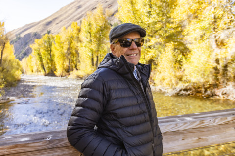 USA, Idaho, Bellevue, Portrait of smiling senior man by river