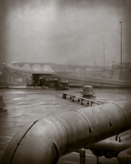 Dystopian view of industrial rooftop, black and white. Dallas, Texas, USA.