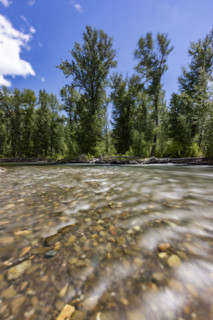 Surface view of motion blurred water in Big Wood River. Bellevue, Idaho, USA.