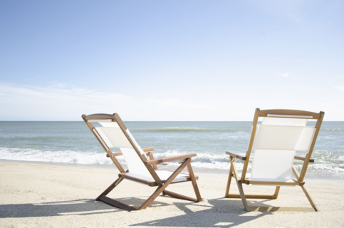 Two deck chairs on empty Madaket Beach. Nantucket, Massachusetts, USA.