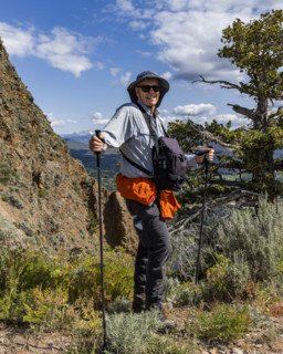 Portrait of smiling man on Carbonate Mountain trail. Hailey, Idaho, USA.
