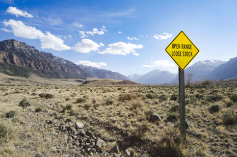 Open range sign in grazing land. Cody, Wyoming, USA.