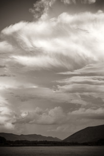 Dramatic clouds over mountains, black and white. Bellevue, Idaho, USA.