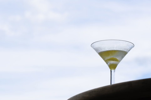 Low angle view of Martini on outdoor table against sky. Stillwater, New Jersey, USA.