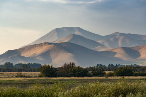 Fields and hills in late afternoon light. Bellevue, Idaho, USA.