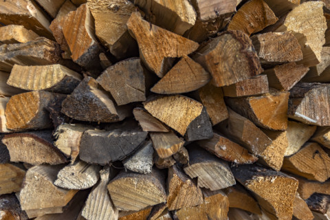 Close-up of firewood stacked for winter. Bellevue, Idaho, USA.