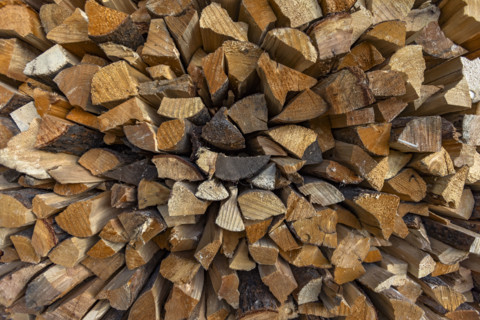 Close-up of firewood stacked for winter. Bellevue, Idaho, USA.