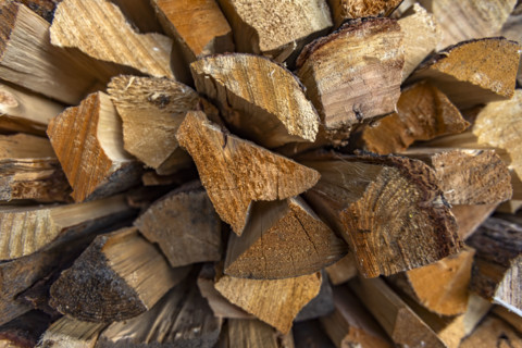 Close-up of firewood stacked for winter. Bellevue, Idaho, USA.