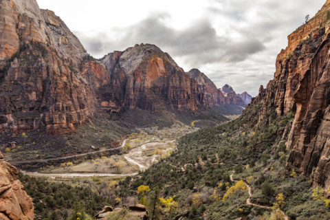 View into Zion Canyon from Angels Landing trail. , Utah, USA.