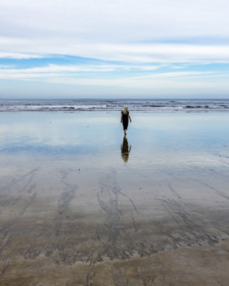 Rear view of senior woman walking on beach at dawn. , Guanacaste, Costa Rica.
