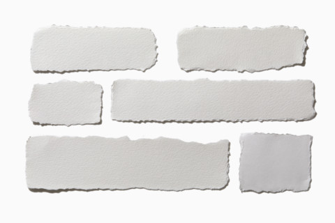 Pieces of torn paper on white background. New York City, New York State, USA.