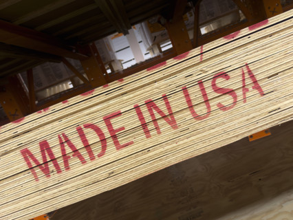 Made in USA printed on plywood stacked at lumber yard. Nashville, Tennessee, USA.