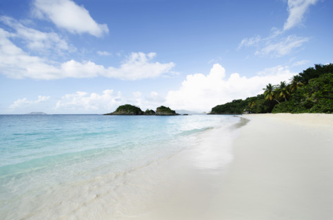 Cal sea waves washing empty Trunk Bay beach, St. John, United States Virgin Islands, USA.
